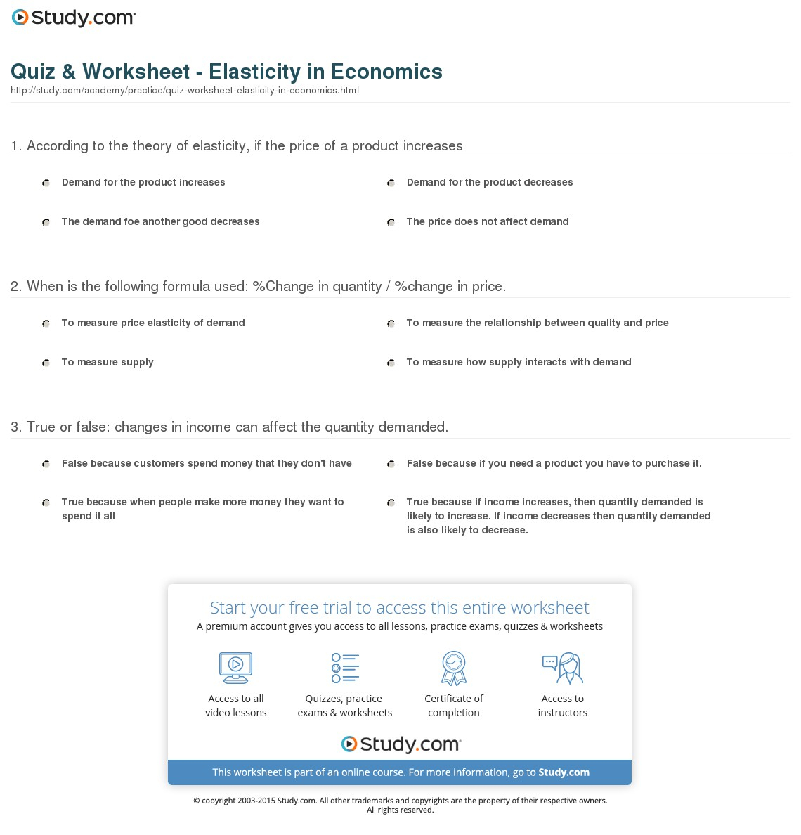 Quiz  Worksheet  Elasticity In Economics  Study
