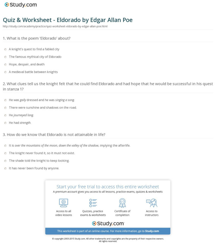 Quiz  Worksheet  Eldoradoedgar Allan Poe  Study