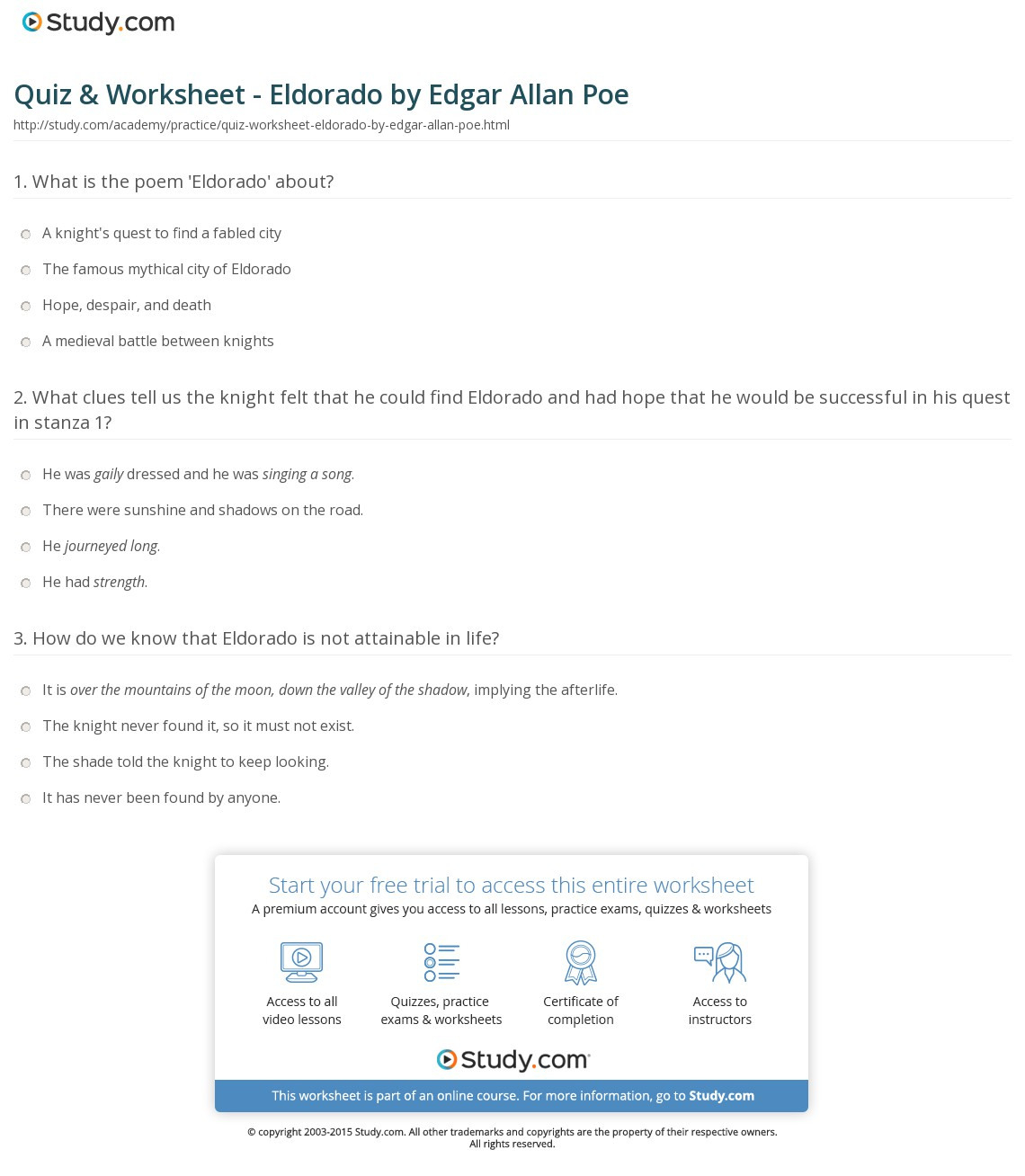 Quiz  Worksheet  Eldoradoedgar Allan Poe  Study