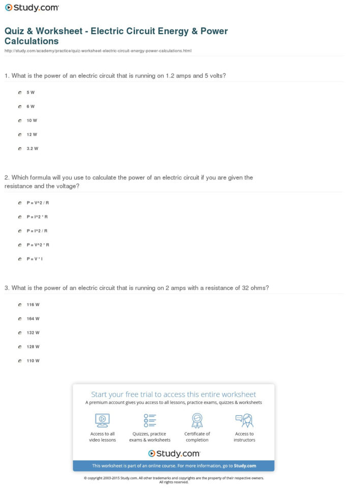 Quiz  Worksheet  Electric Circuit Energy  Power