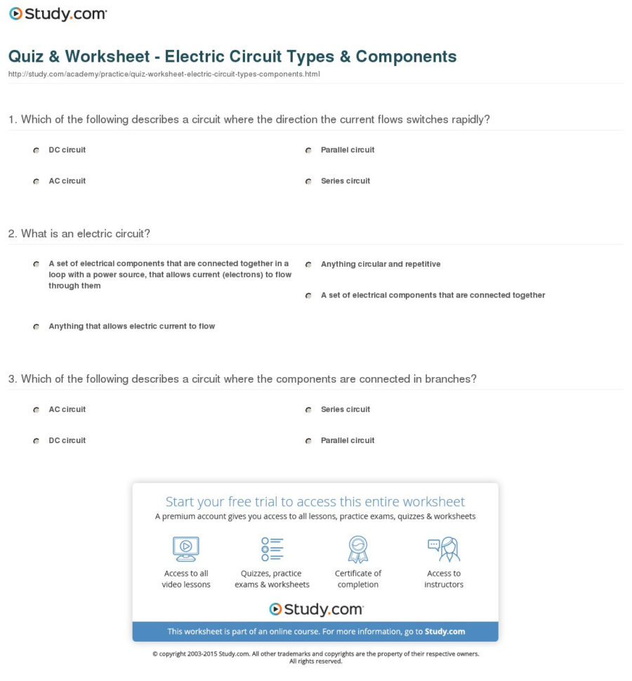 Quiz  Worksheet  Electric Circuit Types  Components