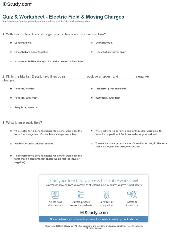 Quiz  Worksheet  Electric Field  Moving Charges  Study