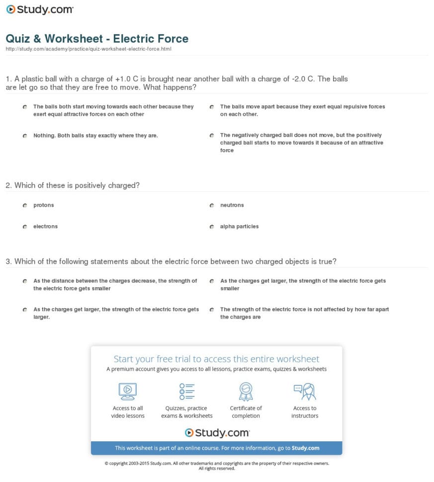 Quiz  Worksheet  Electric Force  Study