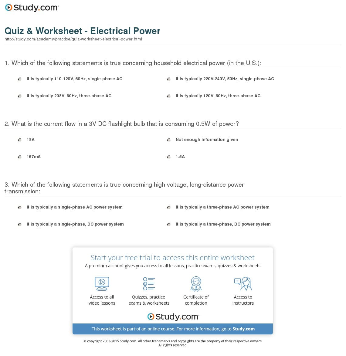 Quiz  Worksheet  Electrical Power  Study