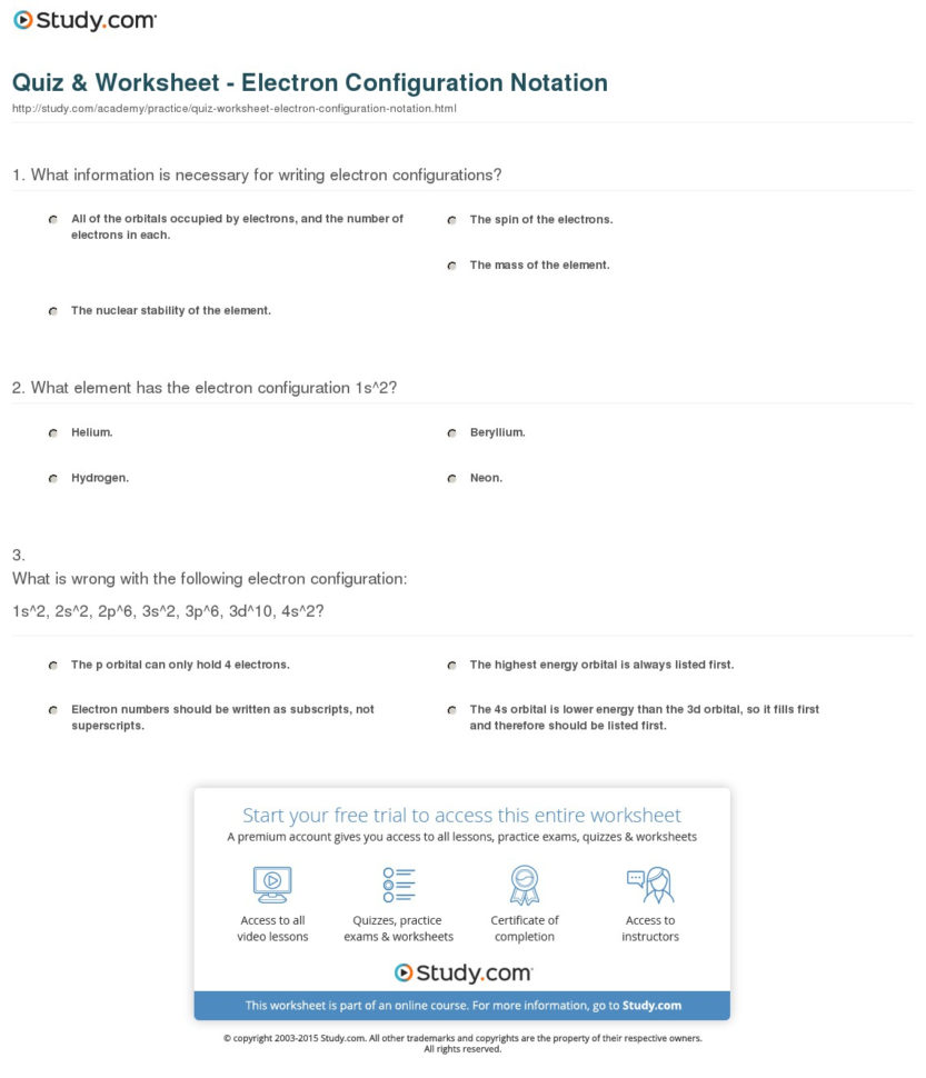 Quiz  Worksheet  Electron Configuration Notation  Study