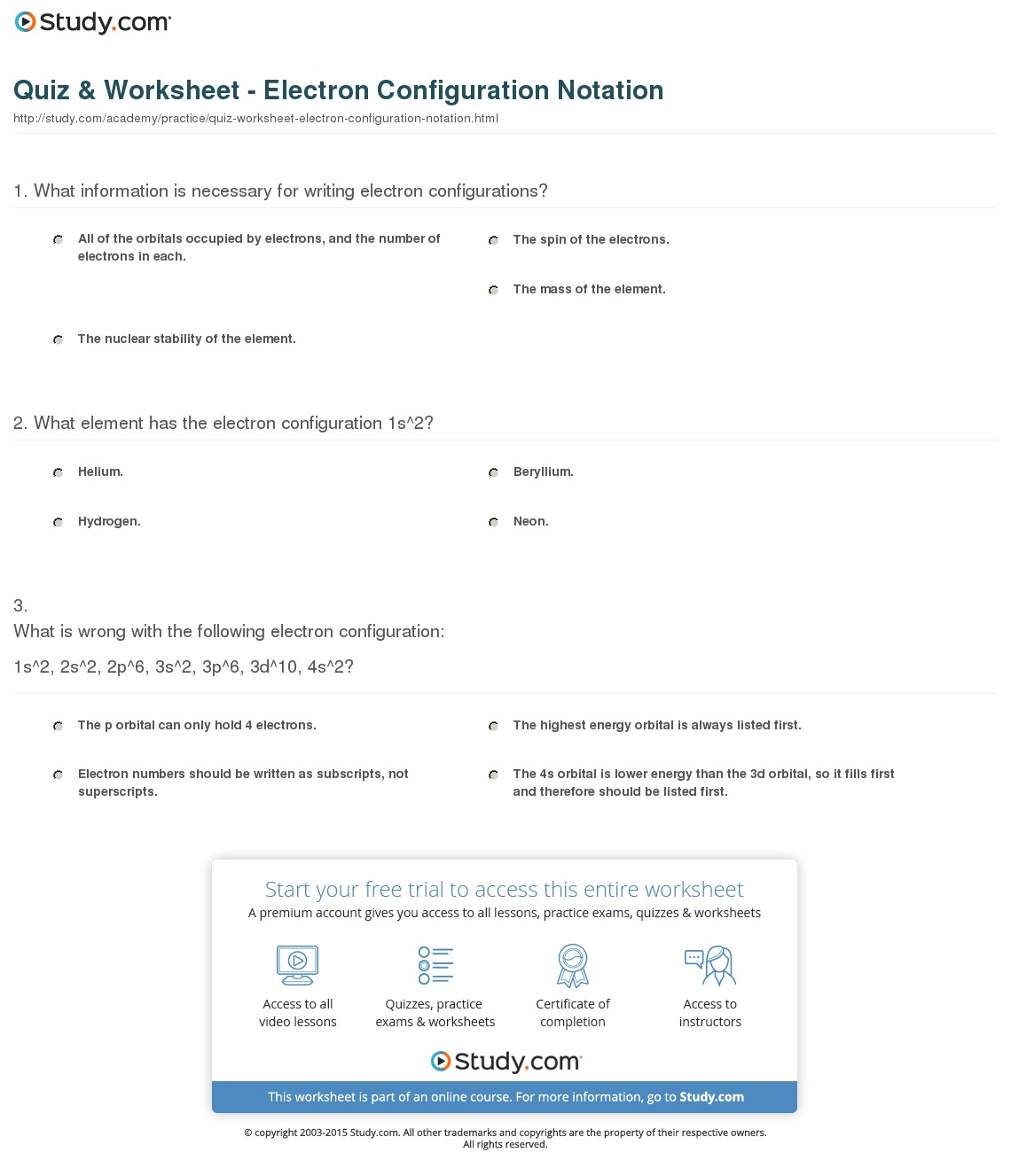 Quiz  Worksheet  Electron Configuration Notation  Study
