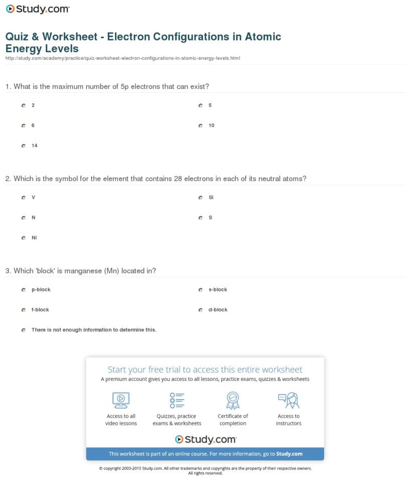 Quiz  Worksheet  Electron Configurations In Atomic Energy