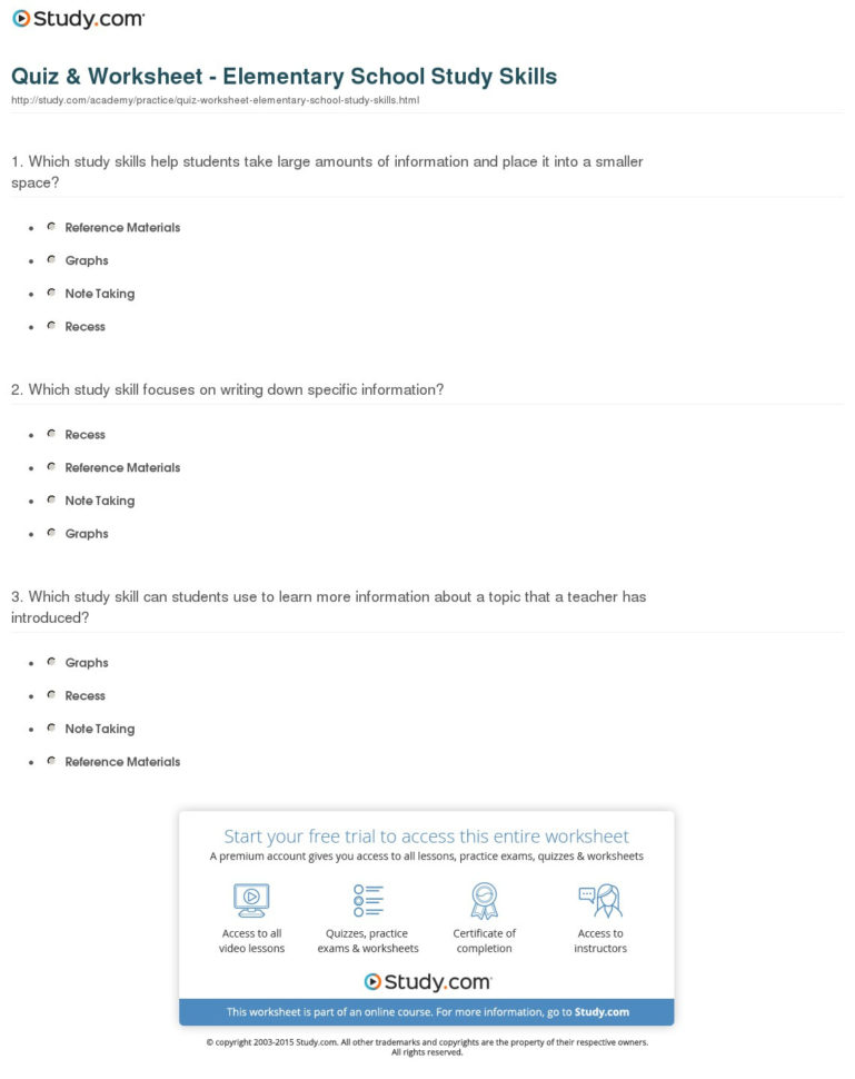 Quiz  Worksheet  Elementary School Study Skills  Study