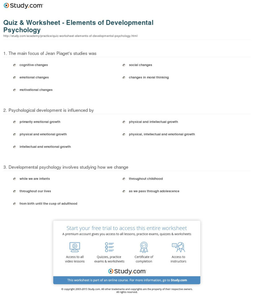 Quiz  Worksheet  Elements Of Developmental Psychology