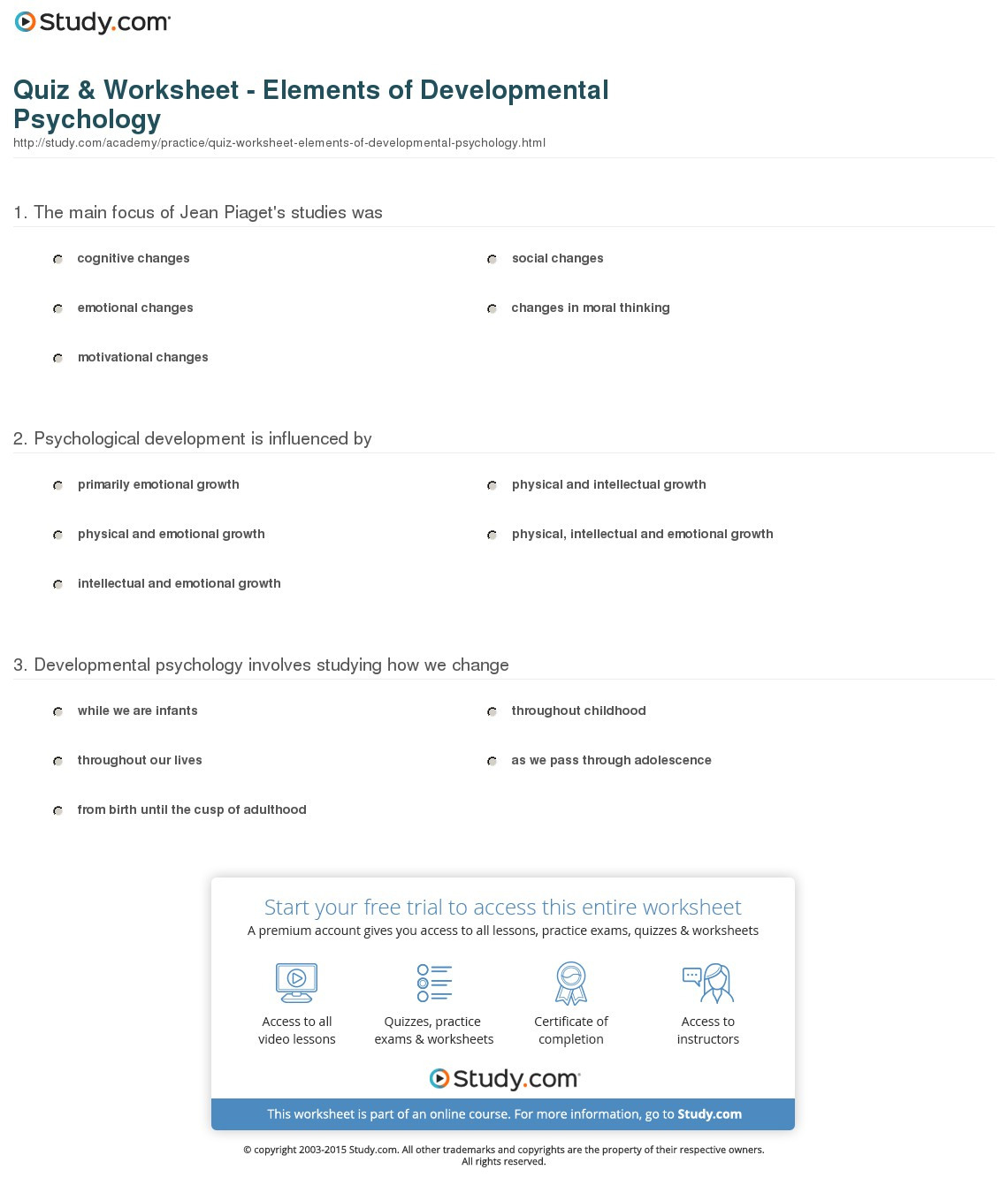 Quiz  Worksheet  Elements Of Developmental Psychology