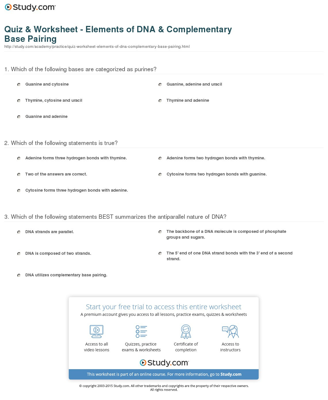 Quiz  Worksheet  Elements Of Dna  Complementary Base