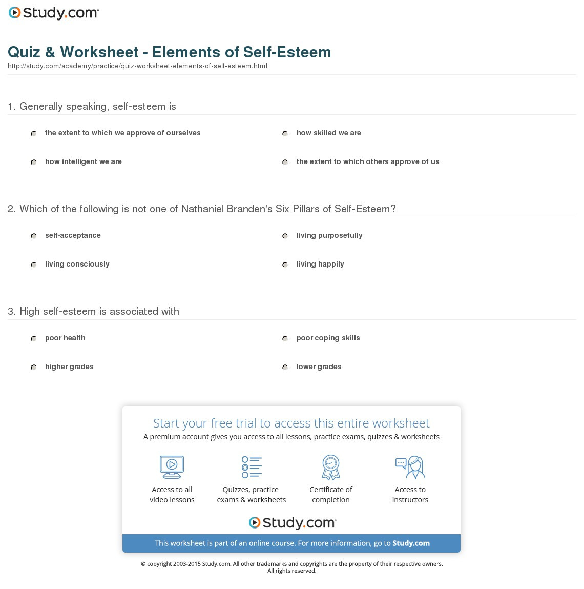 Quiz  Worksheet  Elements Of Selfesteem  Study