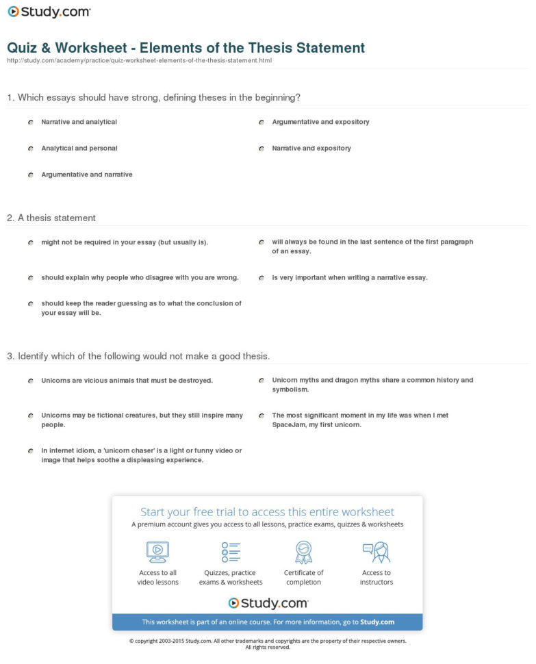 Quiz  Worksheet  Elements Of The Thesis Statement  Study