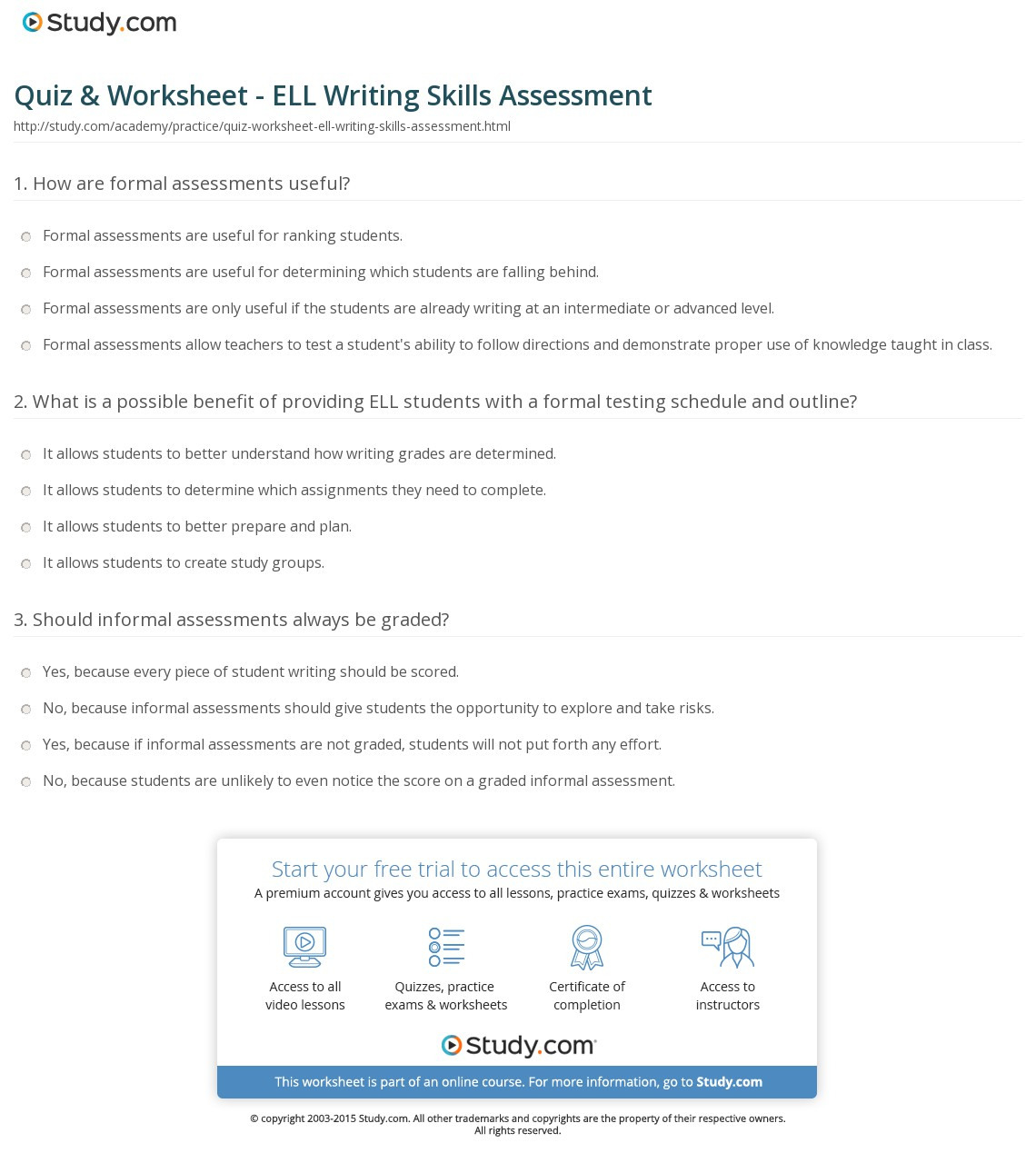 Quiz  Worksheet  Ell Writing Skills Assessment  Study