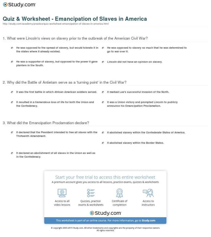 Quiz  Worksheet  Emancipation Of Slaves In America  Study