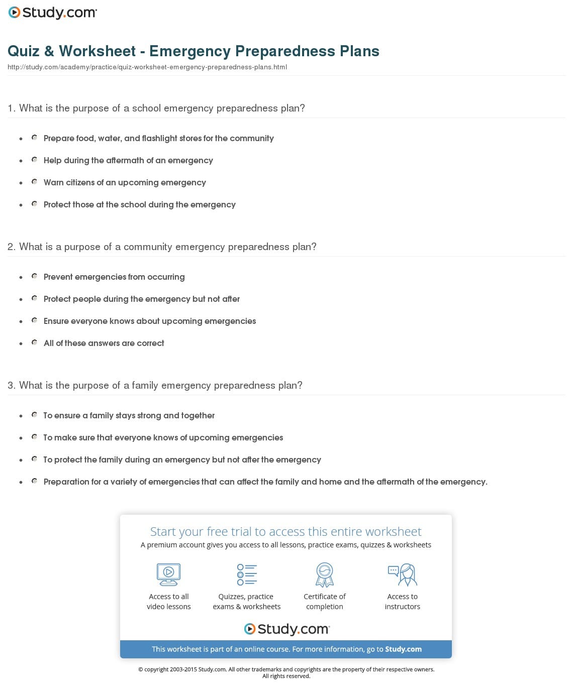Quiz  Worksheet  Emergency Preparedness Plans  Study