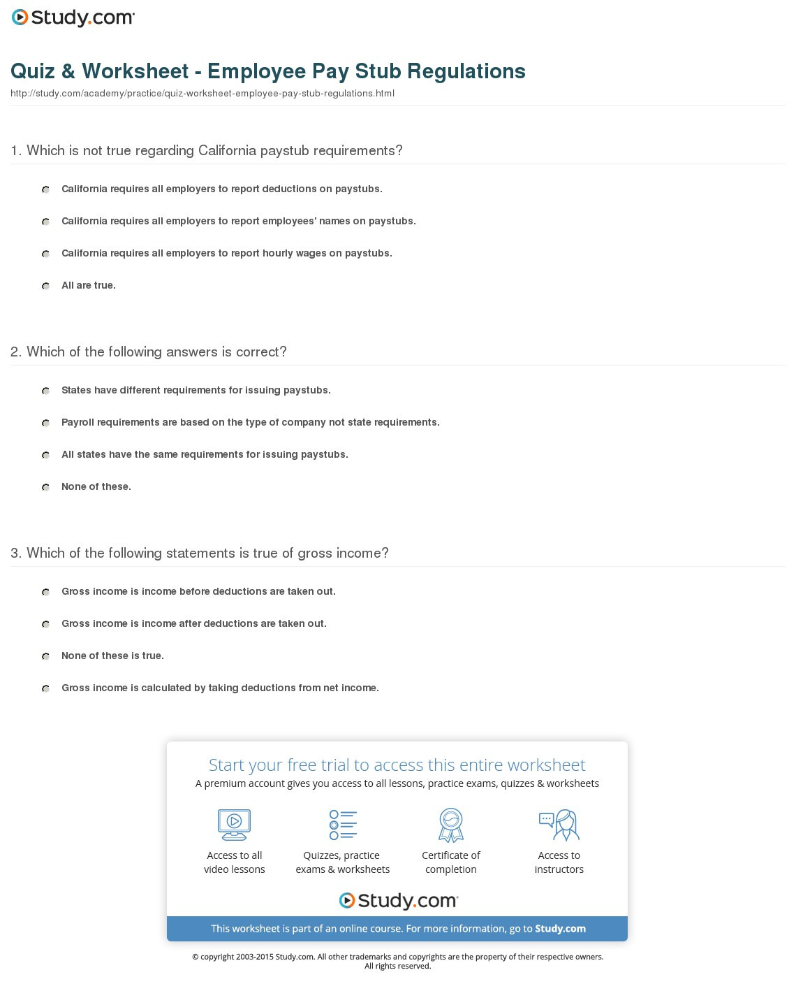 Quiz  Worksheet  Employee Pay Stub Regulations  Study