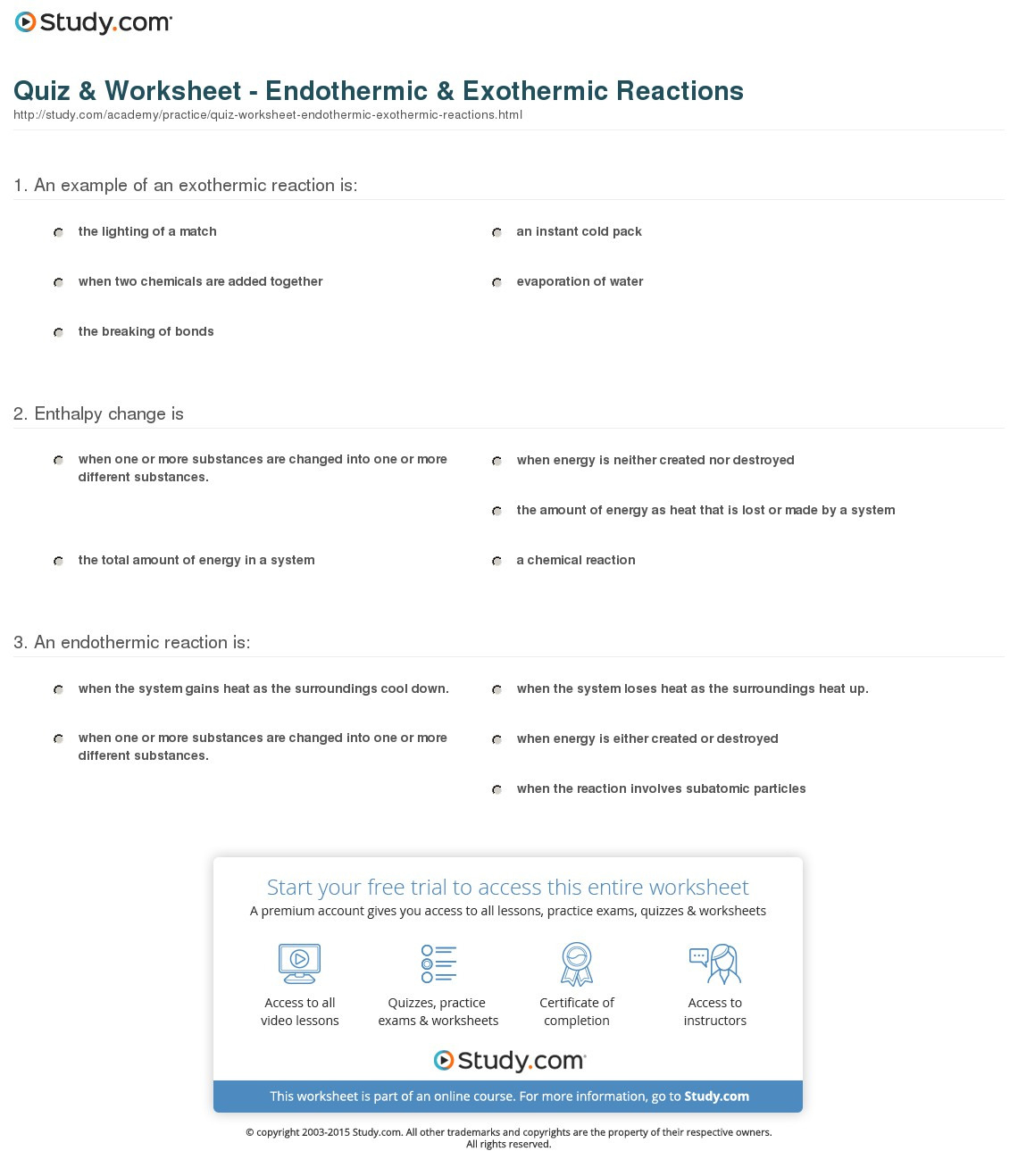 Quiz  Worksheet  Endothermic  Exothermic Reactions
