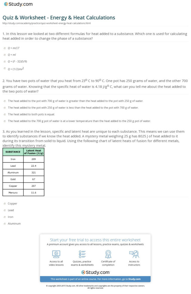 Quiz  Worksheet  Energy  Heat Calculations  Study