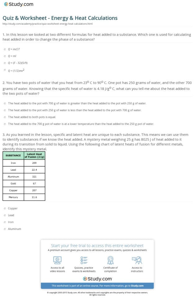 Quiz  Worksheet  Energy  Heat Calculations  Study