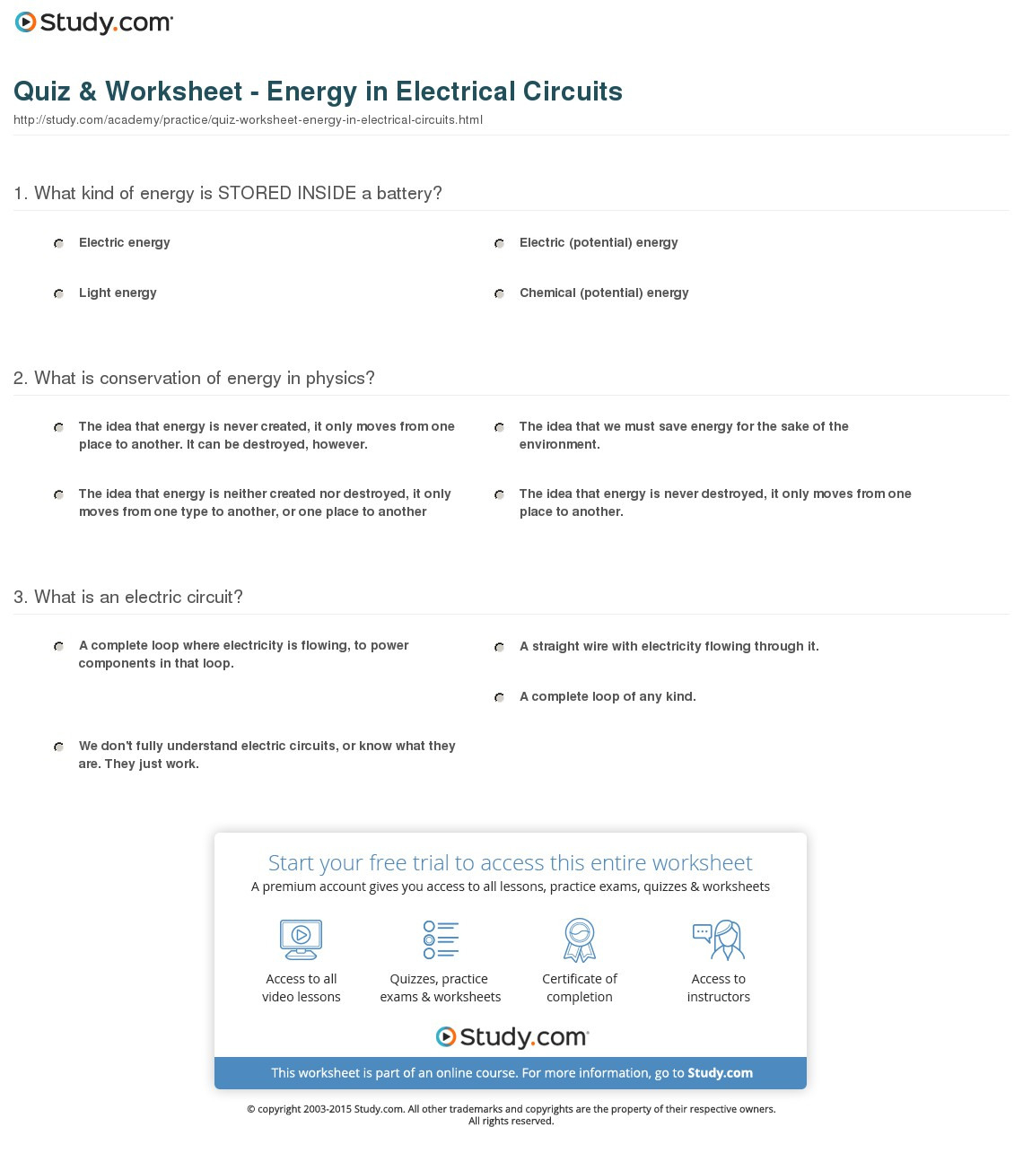 Quiz  Worksheet  Energy In Electrical Circuits  Study