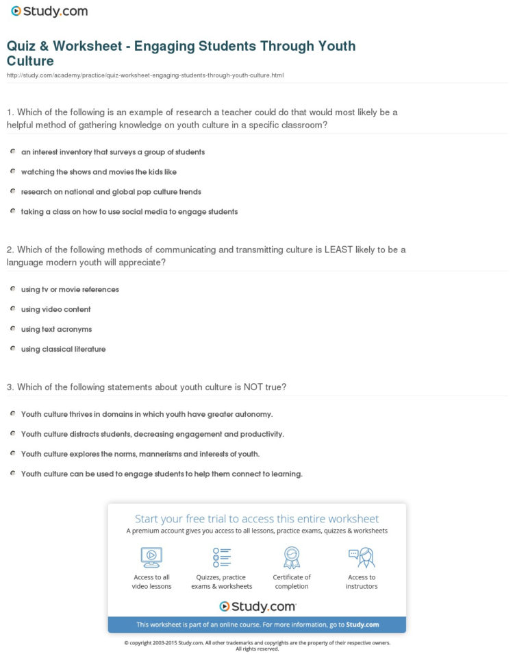 Quiz  Worksheet  Engaging Students Through Youth Culture  Study