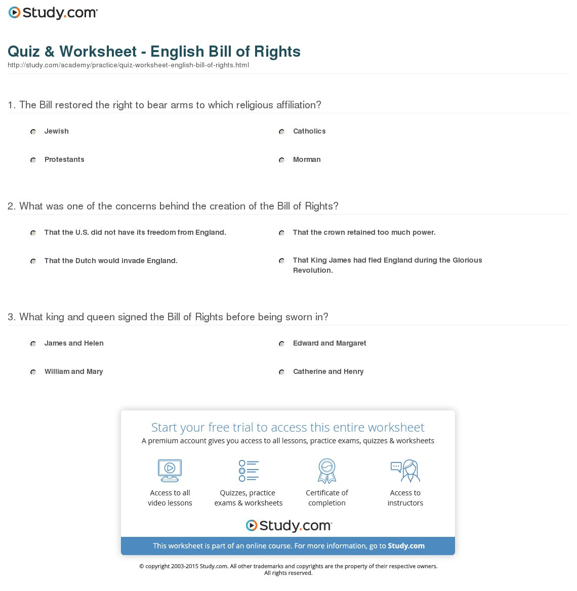 Quiz  Worksheet  English Bill Of Rights  Study