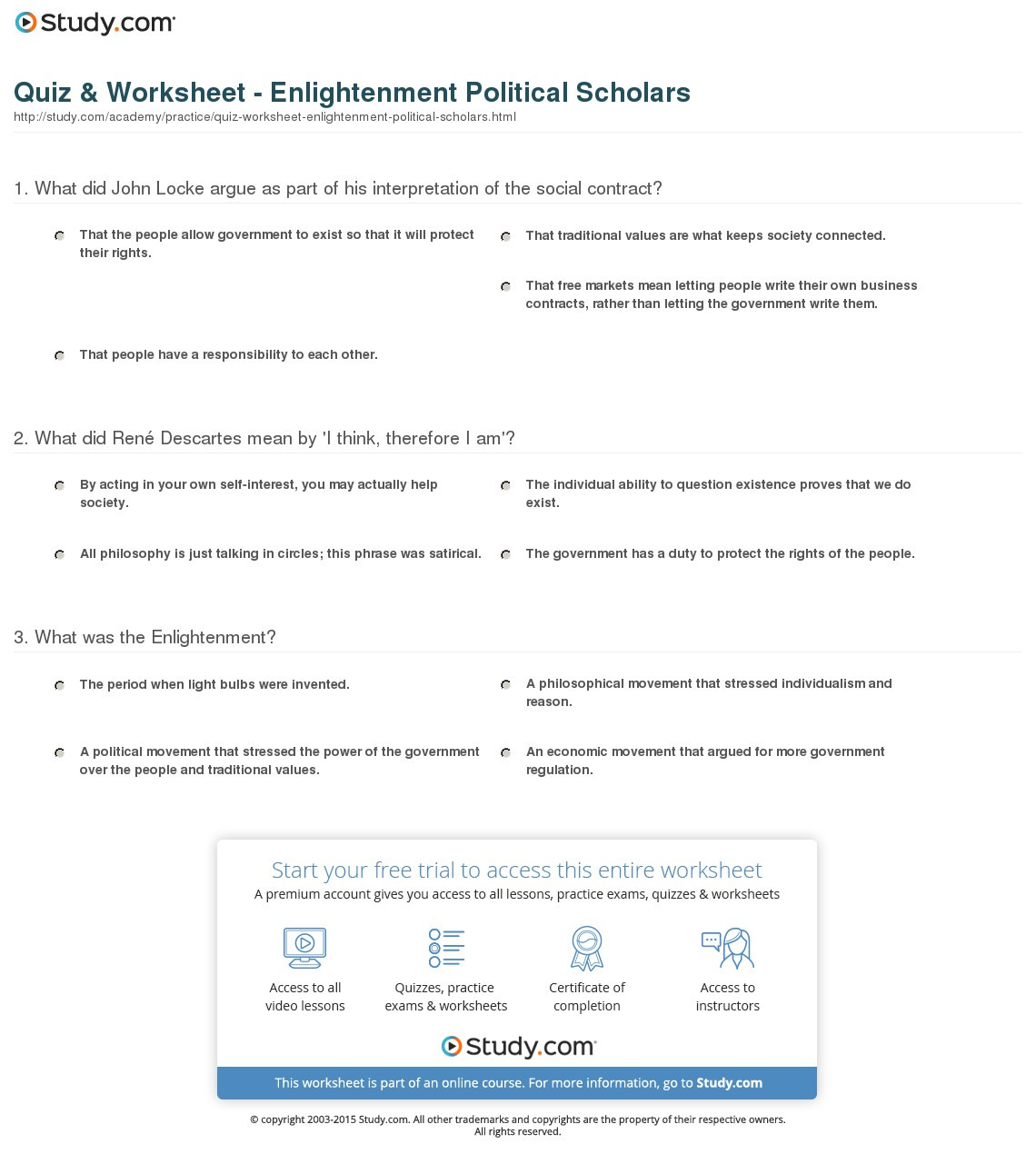 Quiz  Worksheet  Enlightenment Political Scholars  Study