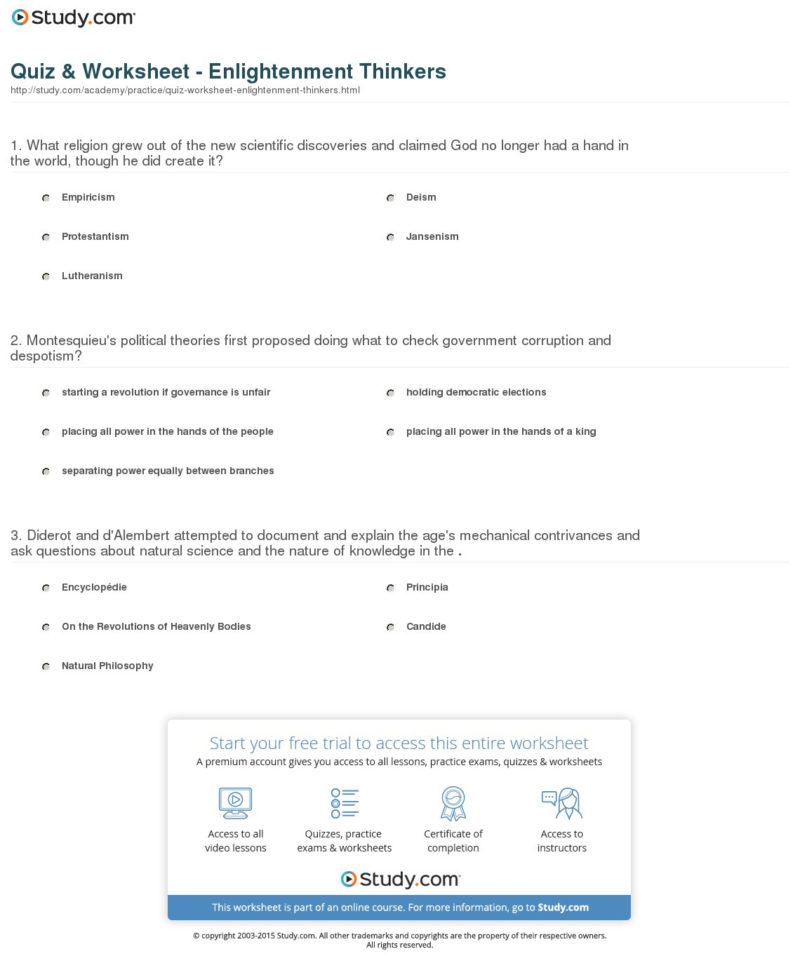 Quiz  Worksheet  Enlightenment Thinkers  Study