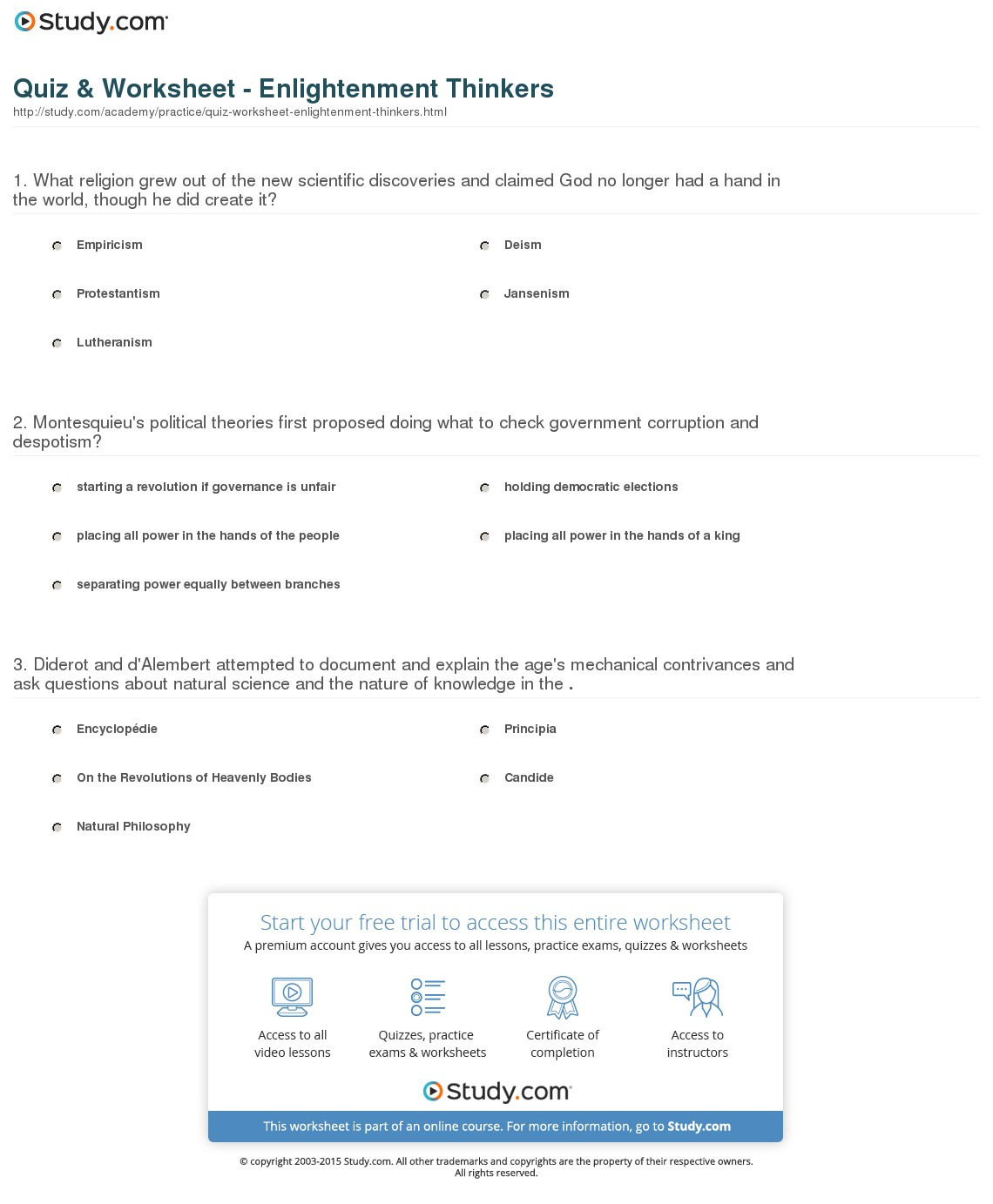 Quiz Worksheet Enlightenment Thinkers Study Db excel