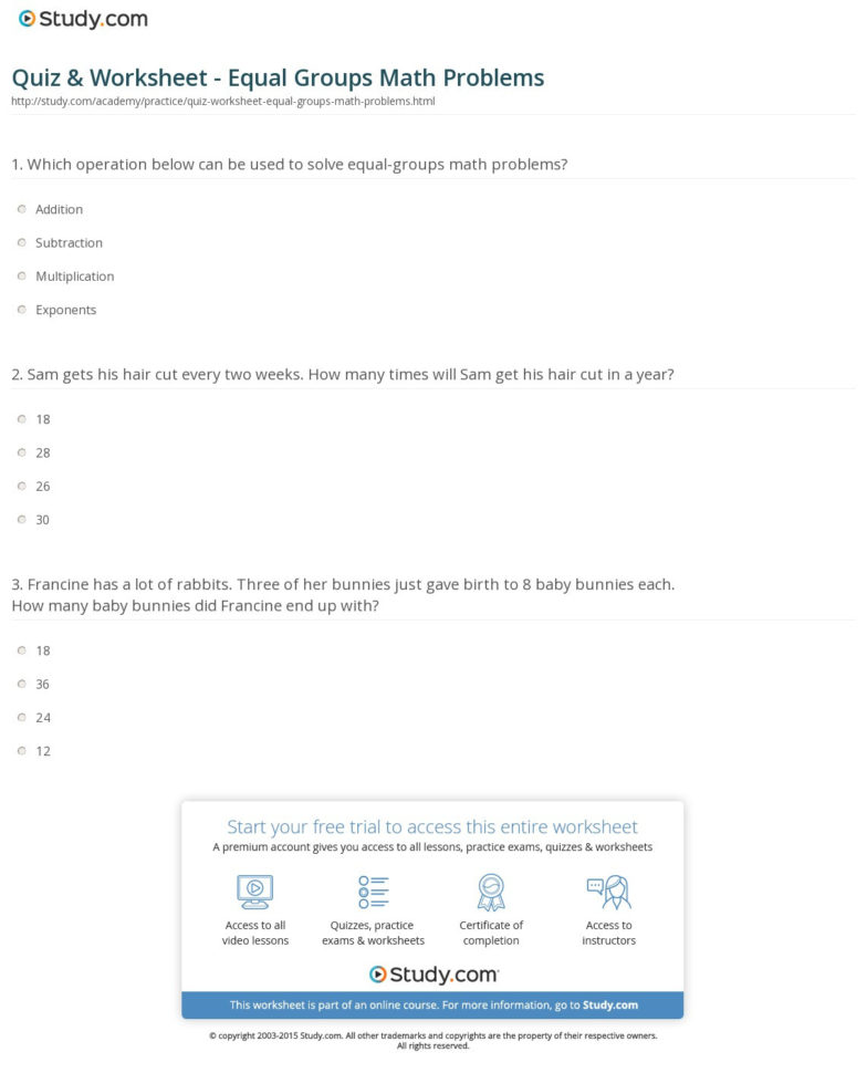 Quiz  Worksheet  Equal Groups Math Problems  Study