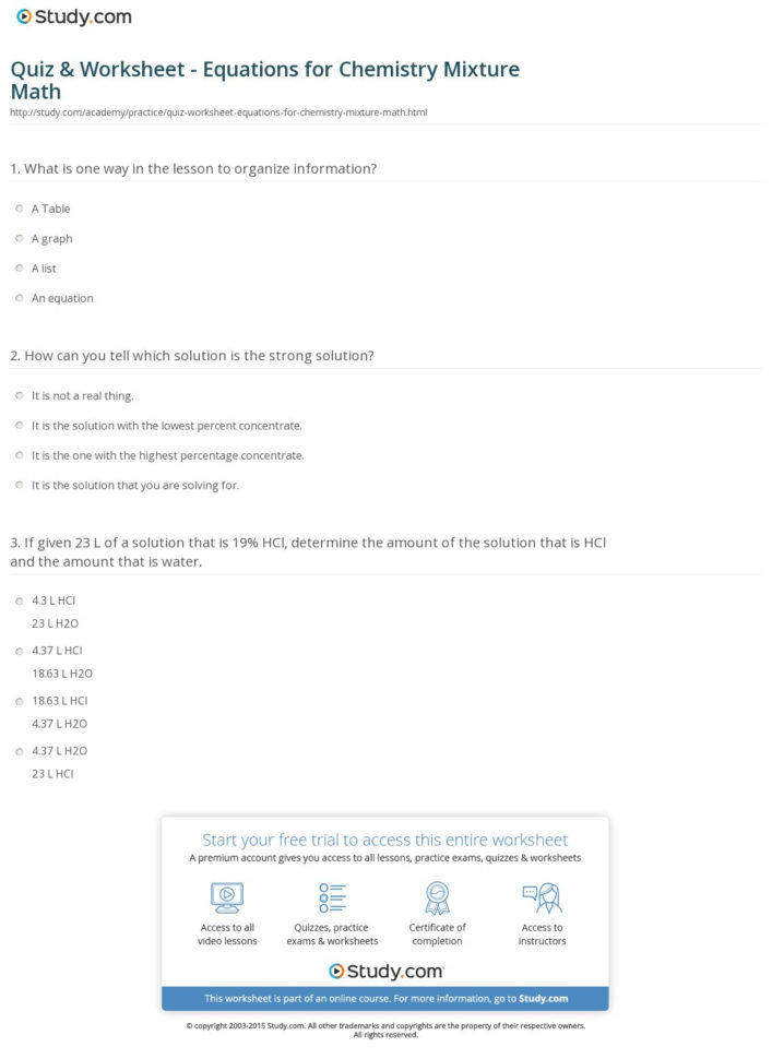 Quiz  Worksheet  Equations For Chemistry Mixture Math  Study