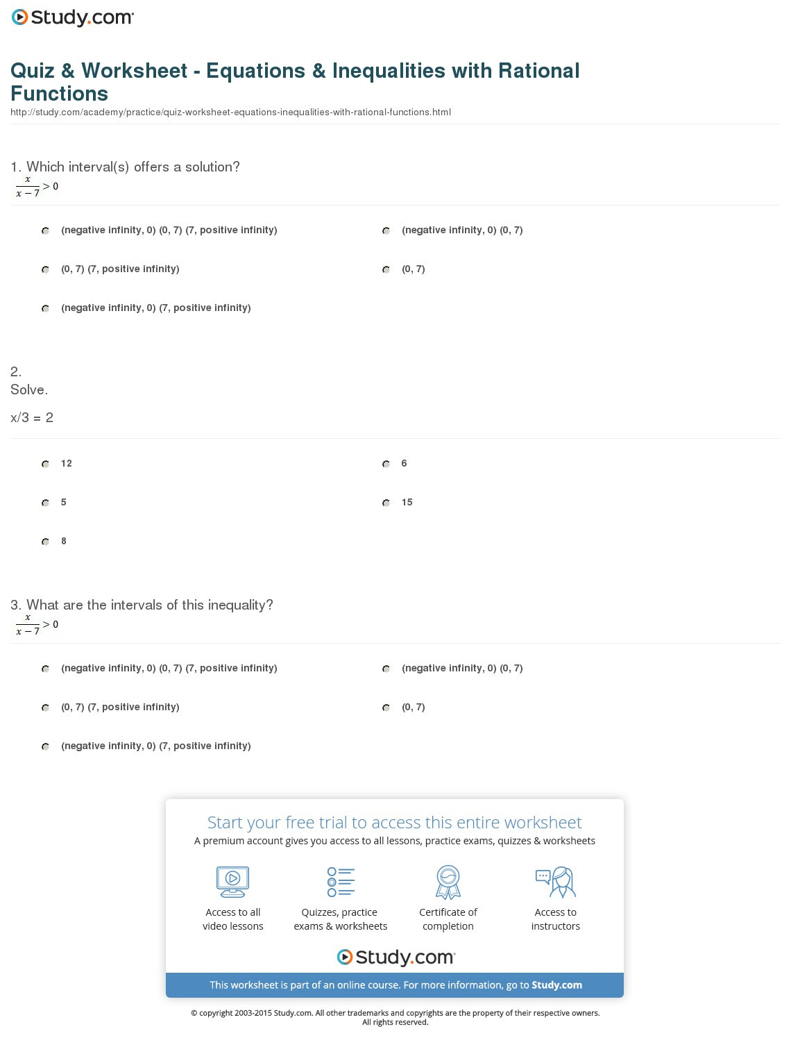 Quiz  Worksheet  Equations  Inequalities With Rational