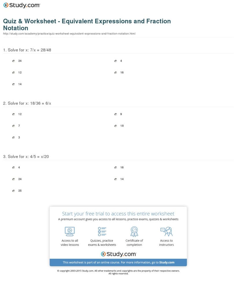 Quiz  Worksheet  Equivalent Expressions And Fraction
