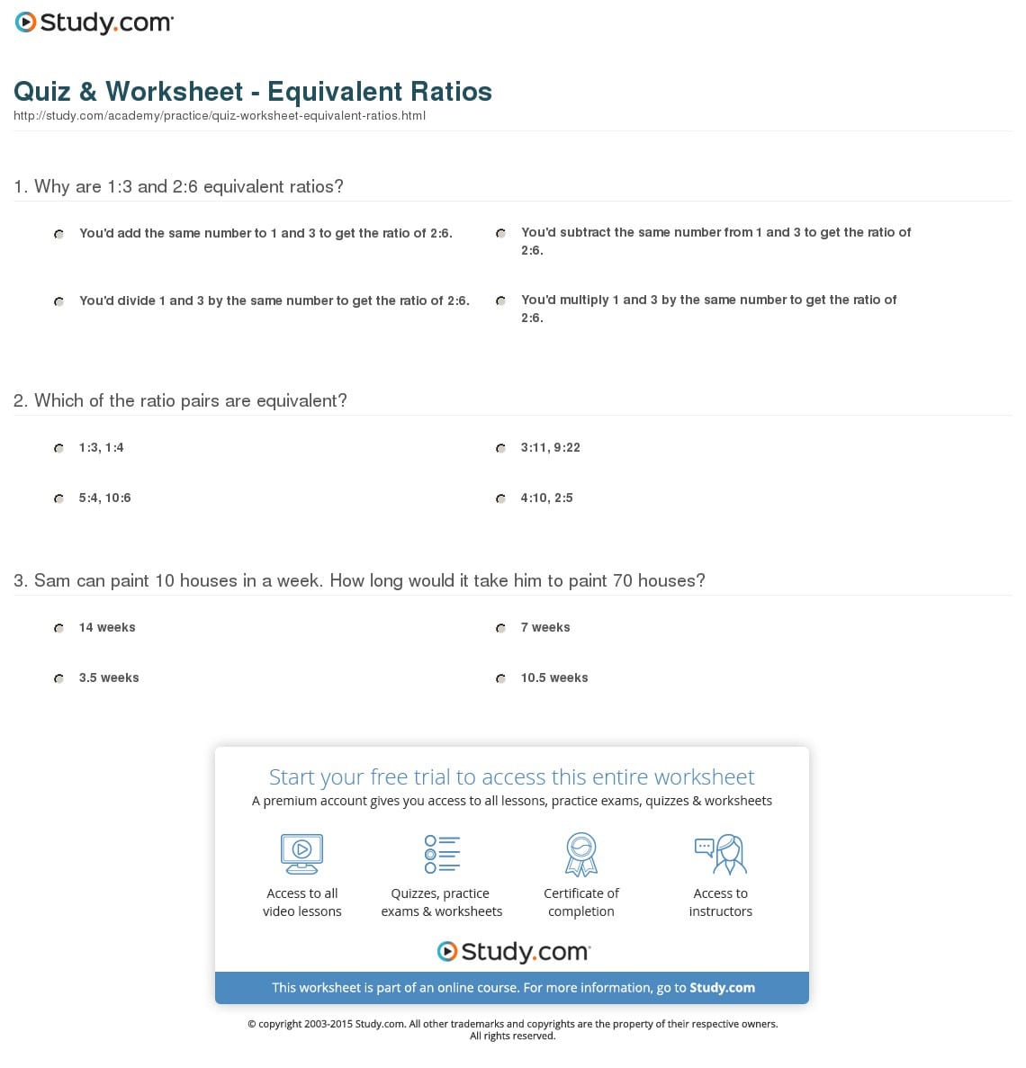 Quiz  Worksheet  Equivalent Ratios  Study