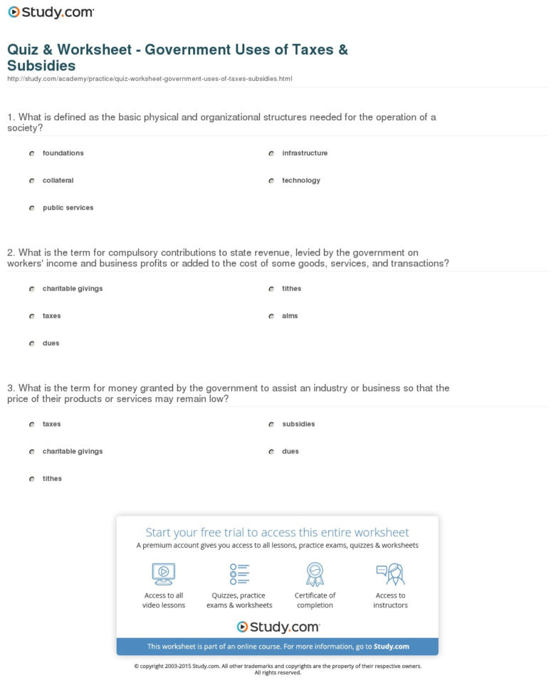 Quiz  Worksheet  Ernment Uses Of Taxes  Subsidies  Study