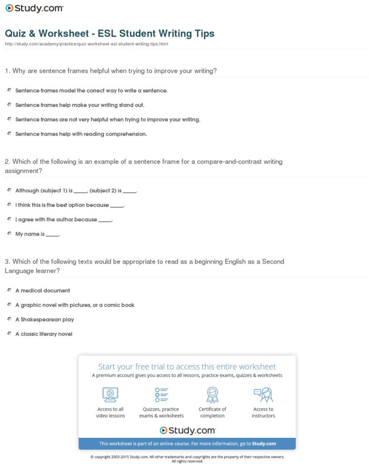 Quiz  Worksheet  Esl Student Writing Tips  Study
