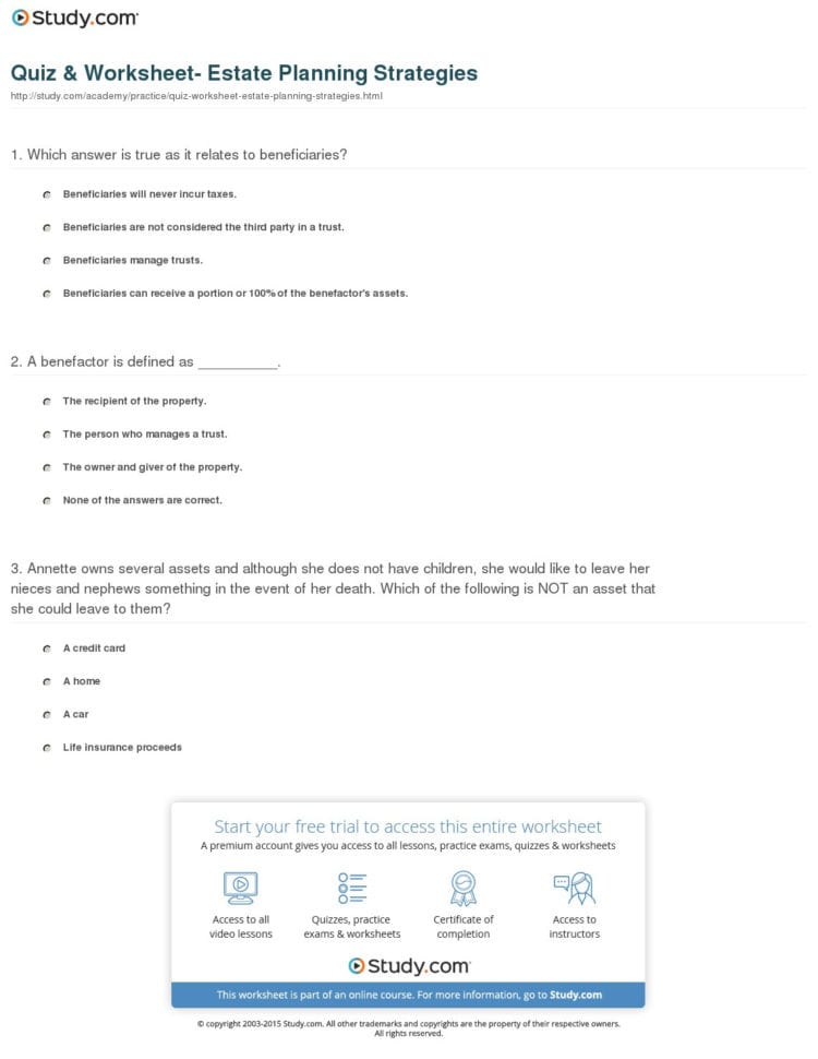 Quiz  Worksheet Estate Planning Strategies  Study