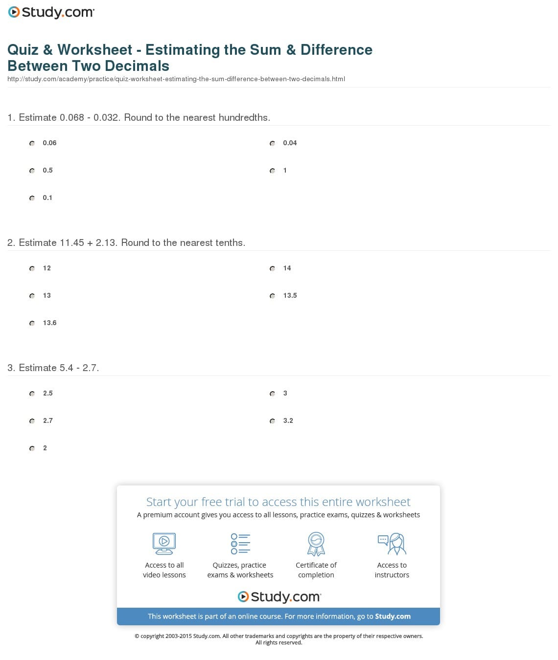 Quiz  Worksheet  Estimating The Sum  Difference Between