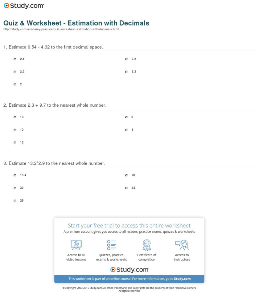 Quiz  Worksheet  Estimation With Decimals  Study