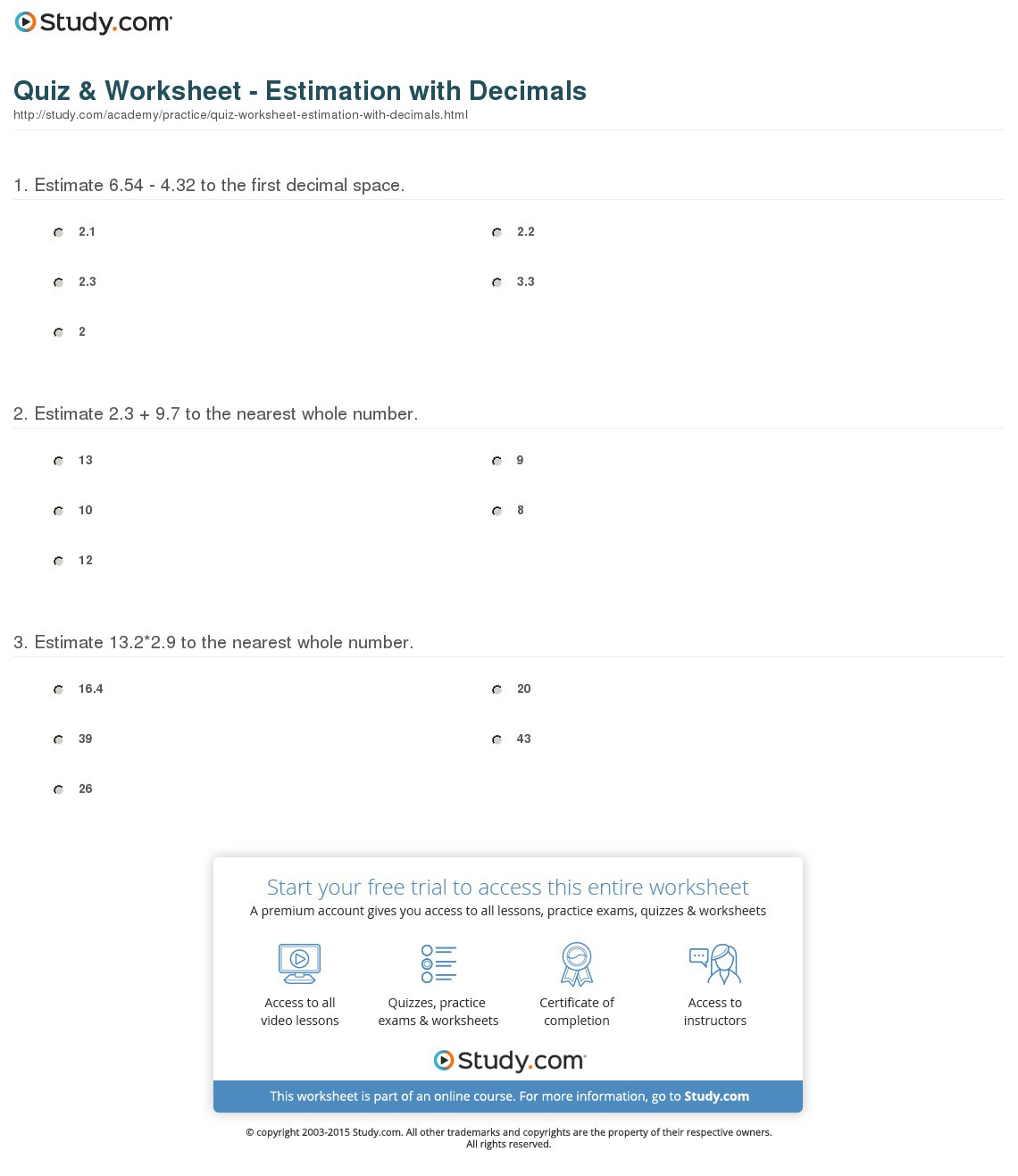 Quiz  Worksheet  Estimation With Decimals  Study
