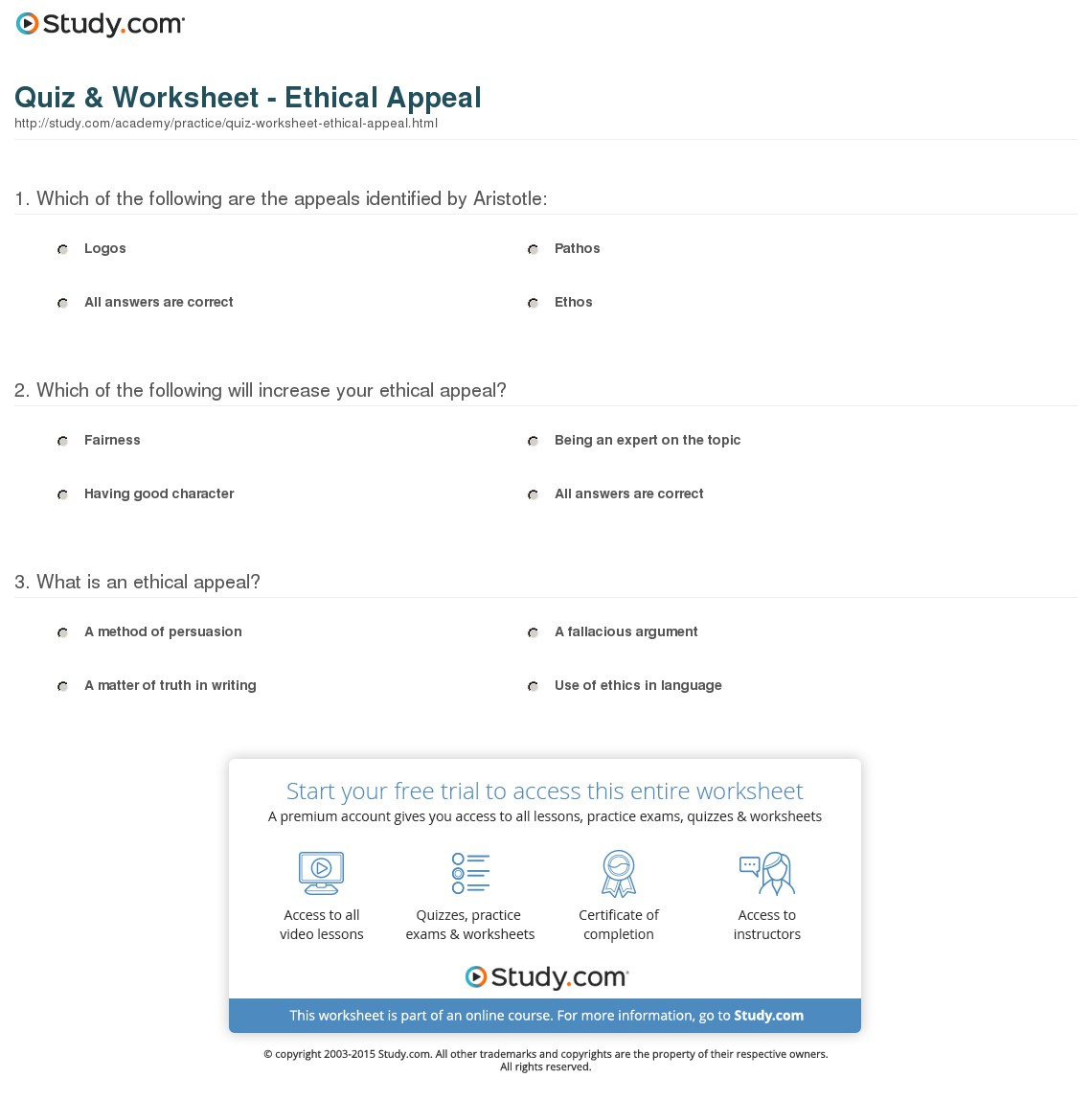 Quiz  Worksheet  Ethical Appeal  Study
