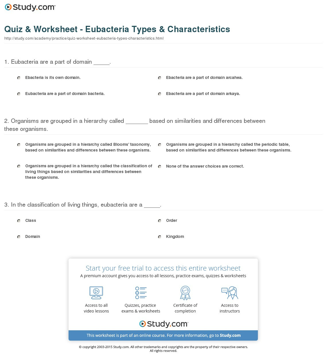 Quiz  Worksheet  Eubacteria Types  Characteristics
