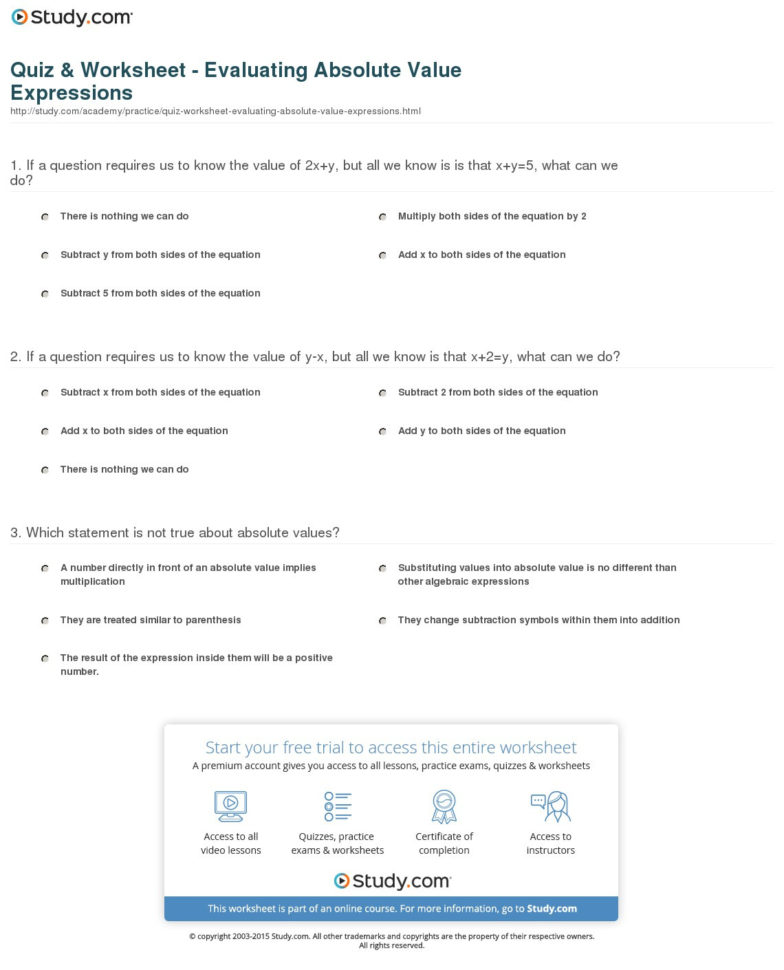 Quiz  Worksheet  Evaluating Absolute Value Expressions