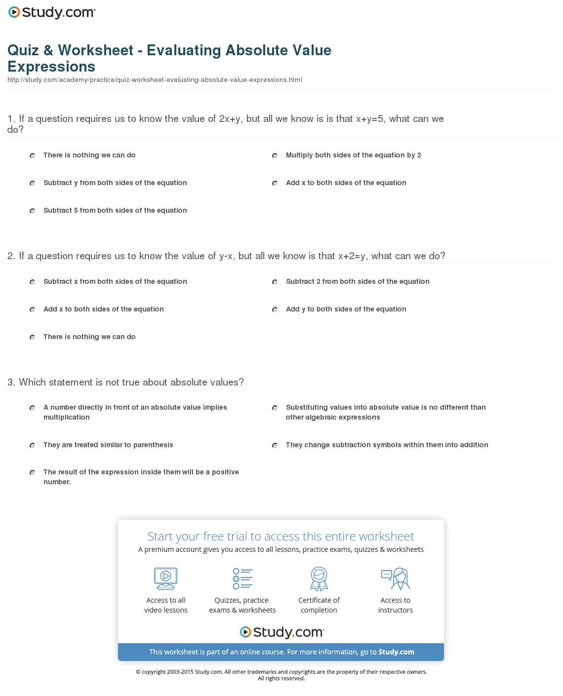 Quiz  Worksheet  Evaluating Absolute Value Expressions
