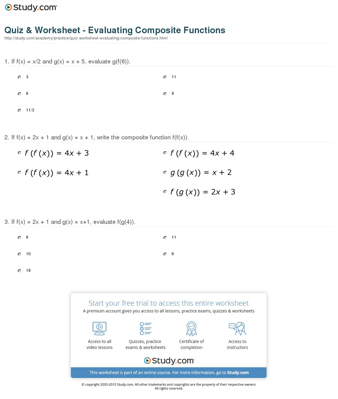 Quiz  Worksheet  Evaluating Composite Functions  Study