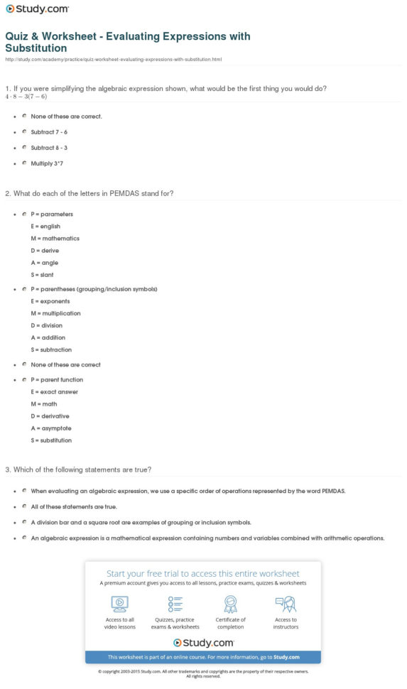 Quiz  Worksheet  Evaluating Expressions With Substitution  Study