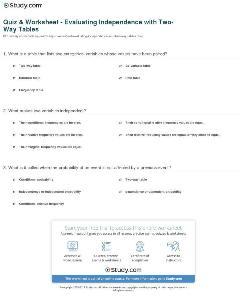 Quiz  Worksheet  Evaluating Independence With Twoy