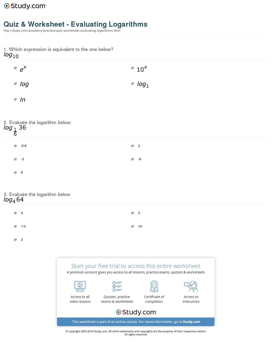 Quiz  Worksheet  Evaluating Logarithms  Study