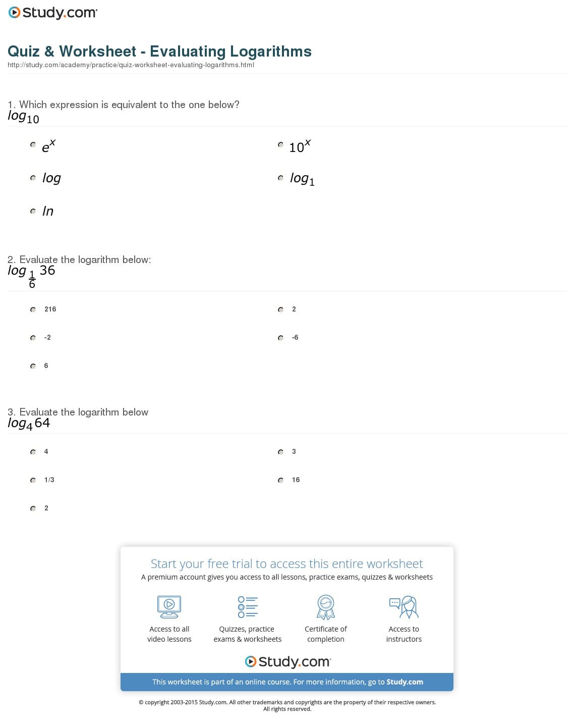 Evaluating Logarithms Worksheet Db excel